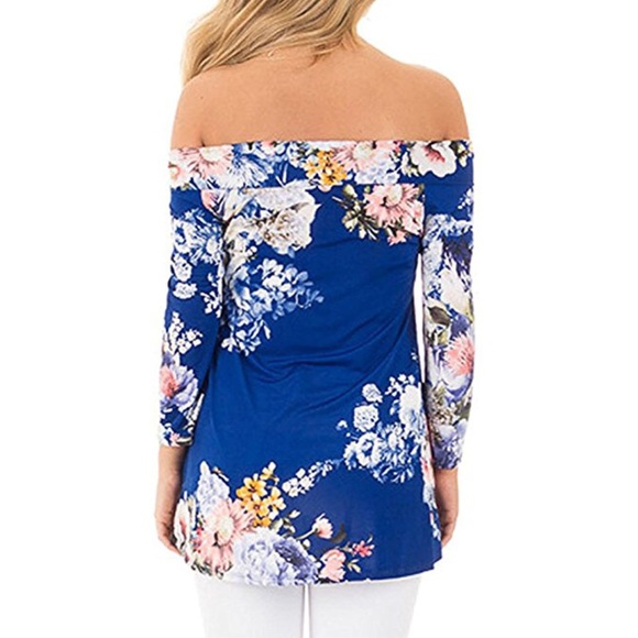 Blue Off Shoulders Floral Print Wrap Tunic Blouse - Picture 3 of 5